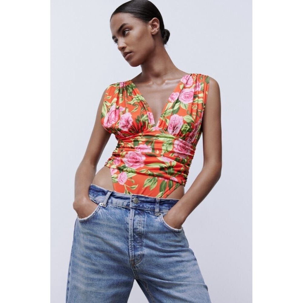 Zara Women’s Multicolor Floral Draped Ruched Cutout Jersey Leotard Bodysuit Sz S